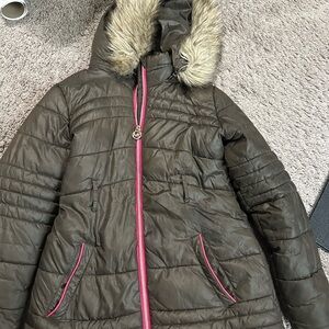 Michael Kors Kids Jacket with Faux Fur Hood - Brown and Pink